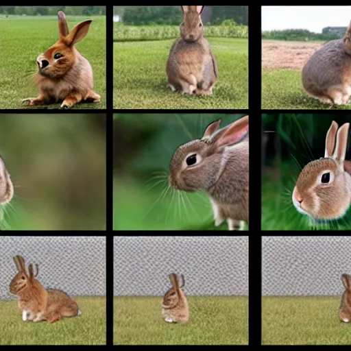 Prompt: a video of a rabbit jumping up over a fence, shown as a film strip showing 9 sequential stills from the video in a grid