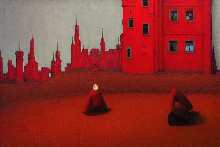 Image similar to only with red, red flowers of different types, red castle in background, red medieval big fat goblins, in the style of beksinski, parts by edward hopper, parts by rodcenko, parts by yue minjun, intricate and epic composition, red by caravaggio, insanely quality, highly detailed, masterpiece, red light, artstation, 4 k