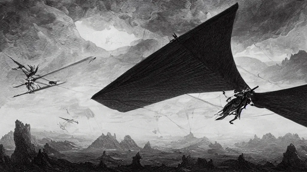 Image similar to drawing of an ornithopter flying toward a desert storm, by gustave dore, nineteenth century, black and white, vintage, science fiction, epic composition, dramatic lighting, highly detailed, cinematic