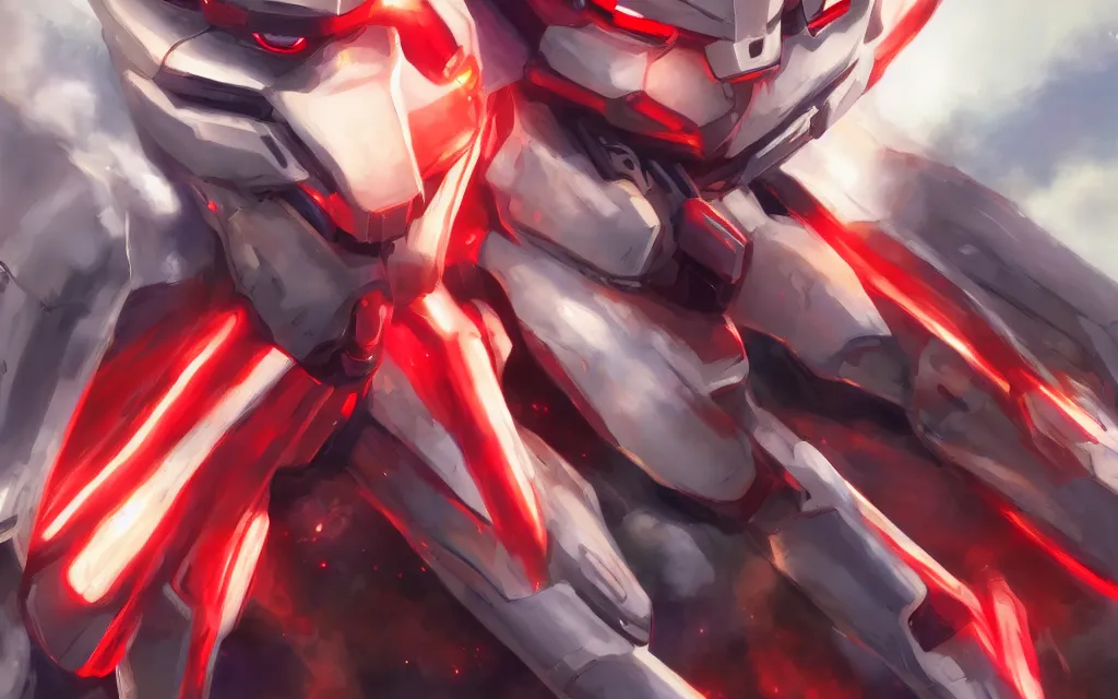 Image similar to A realistic anime portrait of a Gundam with glowing red eyes, digital painting, by Stanley Artgerm Lau, Sakimichan, WLOP and Rossdraws, digtial painting, trending on ArtStation, SFW version