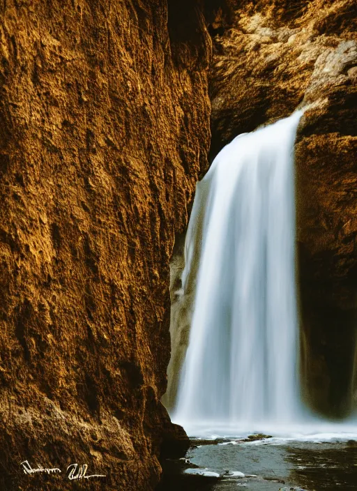 Prompt: a 3 5 mm photo of the interior of an incredible waterfall, bokeh, canon 5 0 mm, cinematic lighting, dramatic, film, photography, golden hour, depth of field, award - winning, 3 5 mm film grain, retro, film, kodachrome