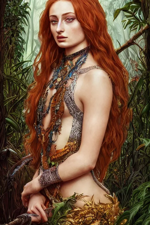 Prompt: Sophie Turner as the Queen of the Jungle, detailed face, cute, fantasy, intricate, elegant, highly detailed, digital painting, 4k, HDR, concept art, smooth, sharp focus, illustration, art by artgerm and H R Giger and alphonse mucha