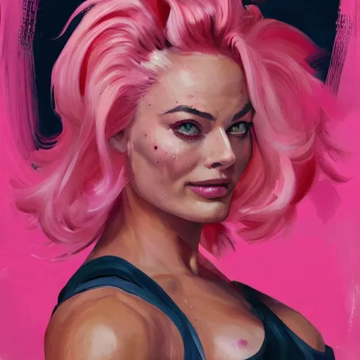 Image similar to greg manchess portrait of margot robbie as very happy thick veiny muscular female bodybuilder zarya from overwatch with pink hair in disco elysium, fantasy, medium shot, asymmetrical, profile picture, organic painting, matte painting, bold shapes, hard edges, street art, trending on artstation, by huang guangjian and gil elvgren and sachin teng