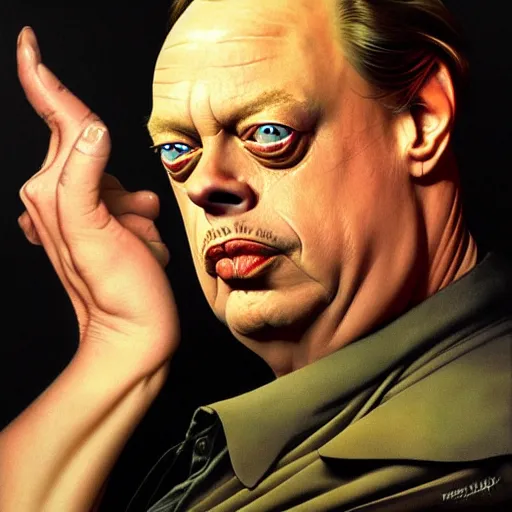 Image similar to dramatic upper body portrait of steve buscemi as baron harkonnen by norman rockwell and boris vallejo, artstation, concept creature character art, Dune 2021