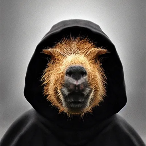 Image similar to a portrait of a baby capybara wearing a black hood, cloak covering face, anatomically correct, beautiful perfect face, enigmatic, oil painting, matte, black background, volumetric dynamic lighting, highly detailed, cinematic lighting, unreal engine, 8 k, hd, by beksinski