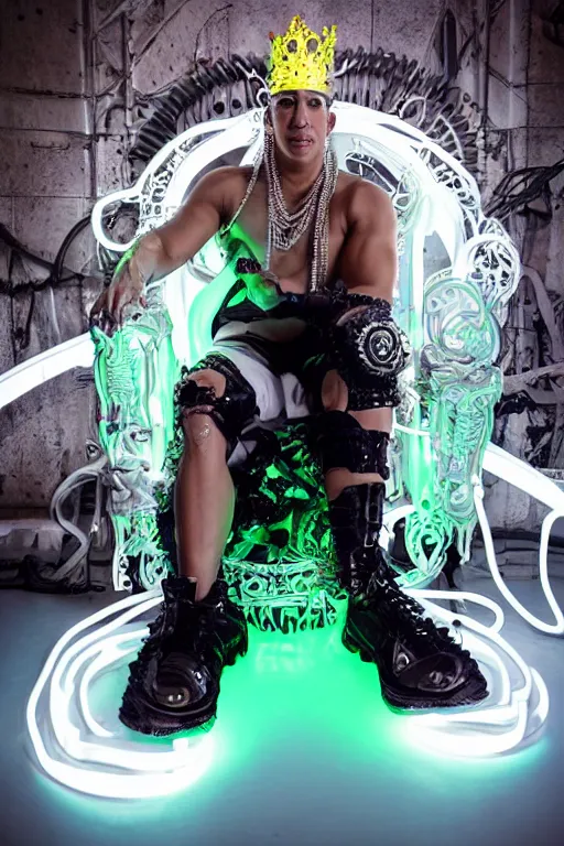 Image similar to full-body rococo and cyberpunk style neon statue of a muscular attractive Daddy Yankee macho dotado e rico android sim roupa reclining con las piernas abertas e la piroca dura, glowing white lasers, glowing eyes, silver prince crown, silver steampunk gears, white diamonds, swirling mint-colored silk fabric. futuristic elements. ethereal white dripping tar. full-length view. space robots. human skulls. intricate artwork by caravaggio. Trending on artstation, octane render, cinematic lighting from the right, hyper realism, octane render, 8k, depth of field, 3D