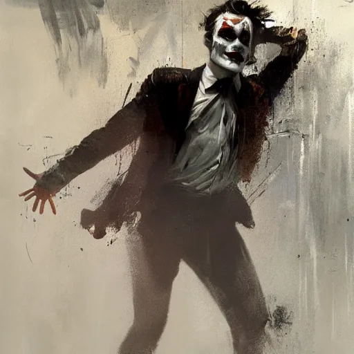 Image similar to painting of Joaquin Phoenix as the joker, dancing in the rain, by Jeremy Mann, detailed, stylized, loose brush strokes, intricate, realistic, exaggerated lighting, sense of scale, free, melancholy