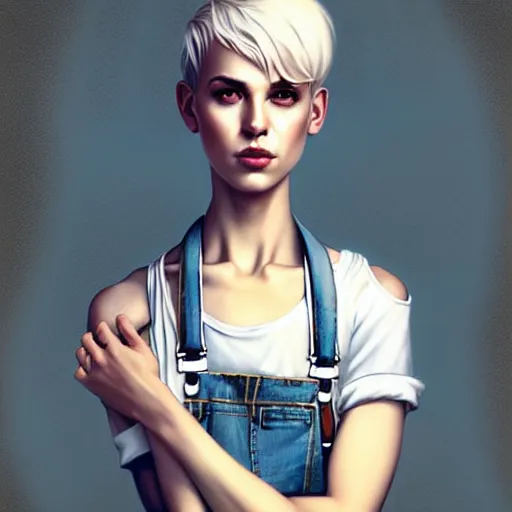 Image similar to full body pose, beautiful androgynous girl, white pixie cut hair, torn overalls, short shorts, combat boots, fishnets, beautiful, highly detailed face, true anatomy!, extremely detailed!, digital painting, unreal engine 5, art by tom bagshaw