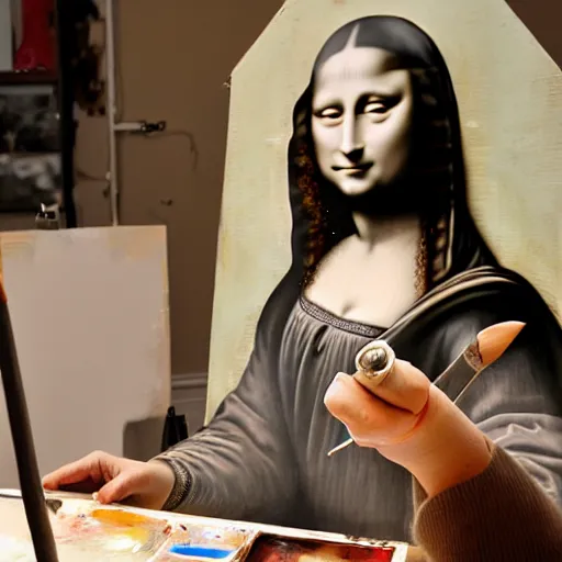 Image similar to A woman that looks like Mona Lisa is painting a portrait of Lenoardo da Vinci in a workshop