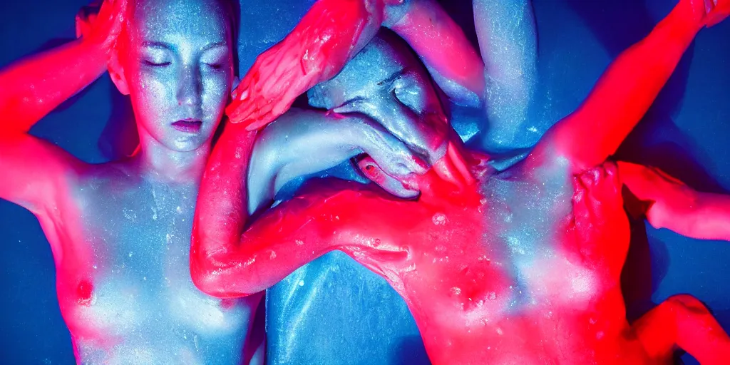 Image similar to sensual bodies intertwined in blue and red lights, wet skin, drops of water, beautiful hands, no head, no face, torso, backlit, 8 k, realistic