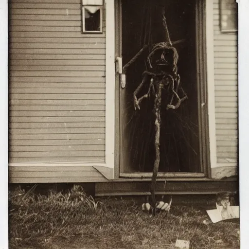 Prompt: A 1900's polaroid photograph of a house with a scary stick monster in the front door with bright white eyes, creepypasta, liminal