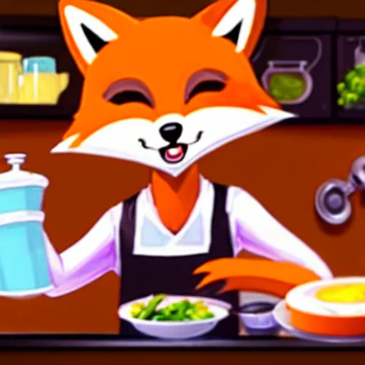 Prompt: a cute anthropomorphic fox boy maid preparing dinner in the kitchen. league of legends splash art