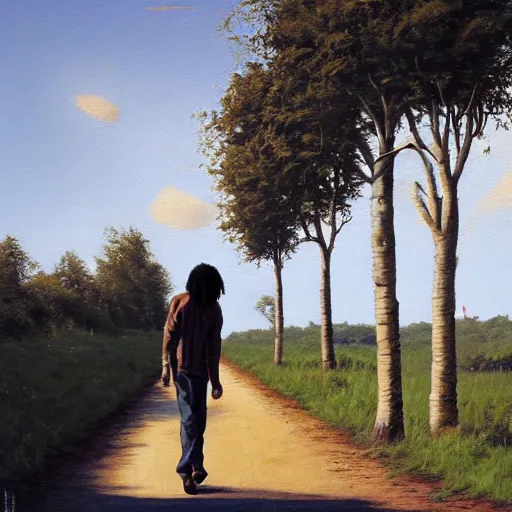 Prompt: bob marley walking along the gistelsesteenweg, painted by scott listfield, sunny, happy