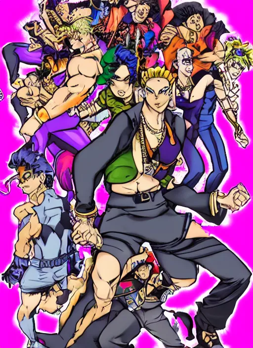 Image similar to jojo stand power based on demoscene chiptune webcore, art by hirohiko araki