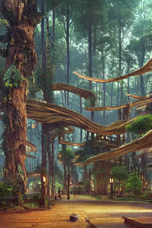 Prompt: huge giant wooden tree trunk buildings, organic wooded shops, solarpunk, organic bioluminescent street lights, dark forest canopy understory, cinematic lighting, night time, octane render, 3 d pixar disney digital cgi rtx hdr painting, highly detailed, artstation cgsociety masterpiece, by syd mead, greg rutkowski, wlop, artger