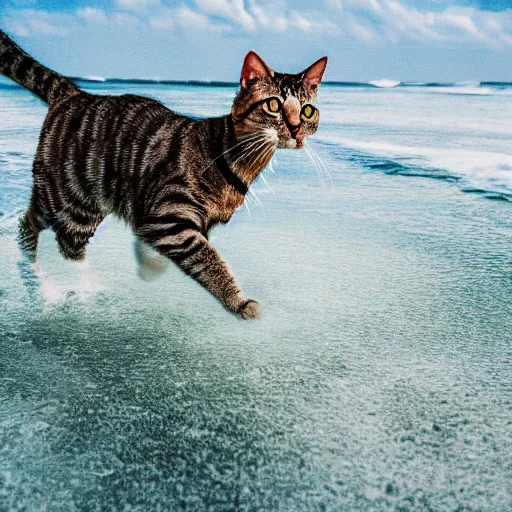 Prompt: photograph of cat running through the shallow waves at the beach, high quality, hd, flickr, sharp focus, cinematic lighting, rim lighting, enhanced colors