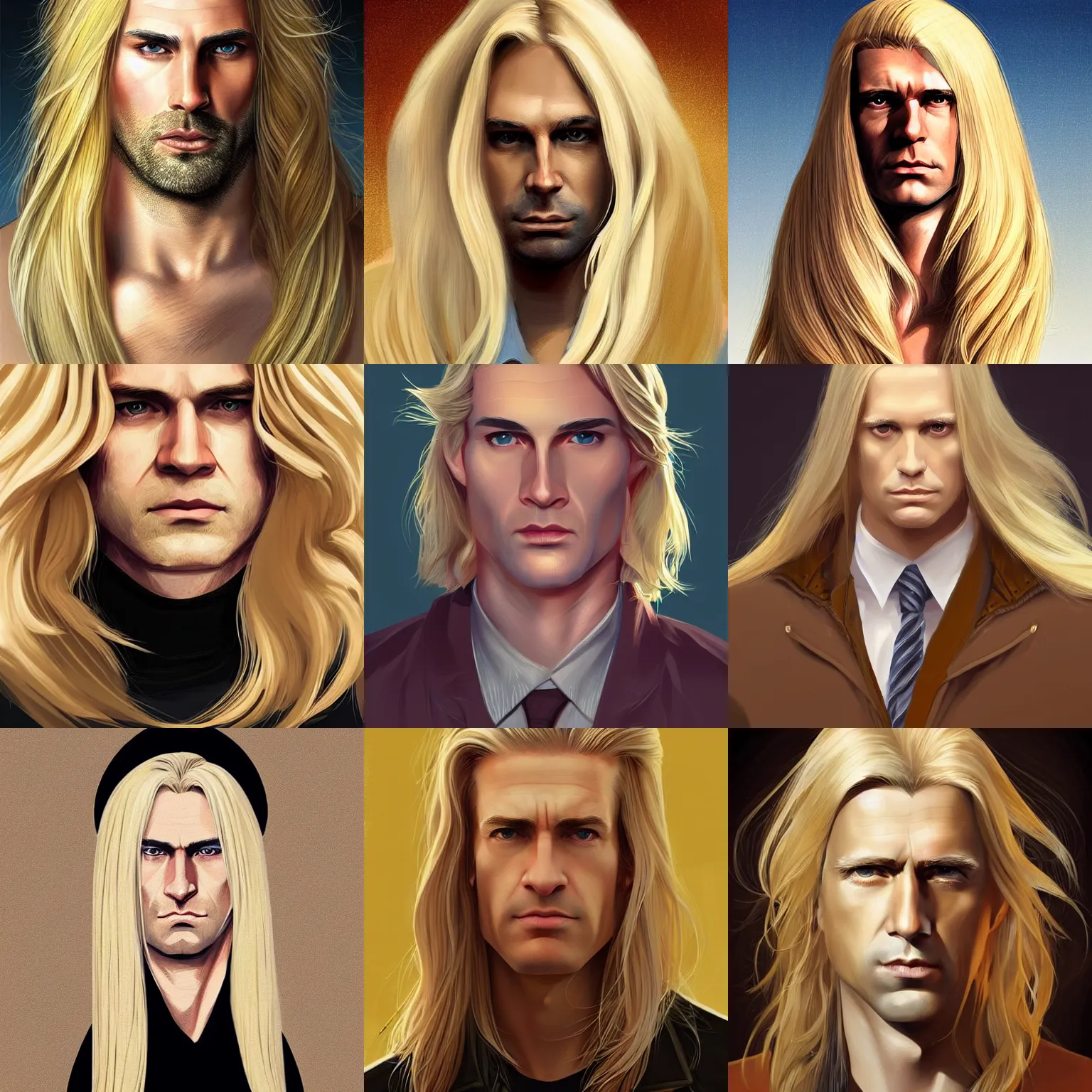 Prompt: a middle aged clean shaven statesman with very very very long blond hair, stern expression and sharp features, golden eyes and pale skin, 2d, ultra highly detailed, digital painting, smooth, sharp focus, artstation, trending on artstation, art by Ilya Kuvshinov