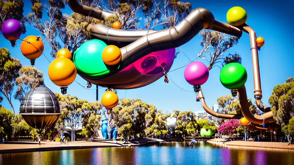 Image similar to large colorful futuristic space age metallic steampunk balloons with pipework and electrical wiring around the outside, and people on rope swings underneath, flying high over the beautiful river torrens and elder park in adelaide in south australia city landscape, professional photography, 8 0 mm telephoto lens, realistic, detailed, photorealistic, photojournalism