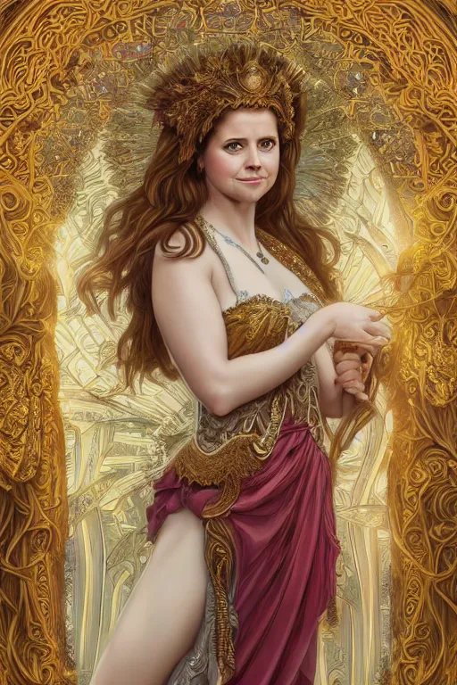 Prompt: Jenna Fischer as a Greek Goddess, cute, fantasy, intricate, elegant, highly detailed, digital painting, 4k, HDR, concept art, smooth, sharp focus, illustration, art by artgerm and H R Giger and alphonse mucha