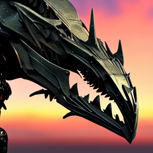 Prompt: close up bust shot, realistic detailed stunning beautiful armored anthropomorphic humanoid robot female dragon, doing an elegant pose, looking to the side, sleek streamlined armor and design made of steel, sharp claws and sharp teeth, Slick LEDs, standing on two legs, on the beach during sunset, high quality, cinematic art, sunset lighting, artstation, deviantart, furaffinity