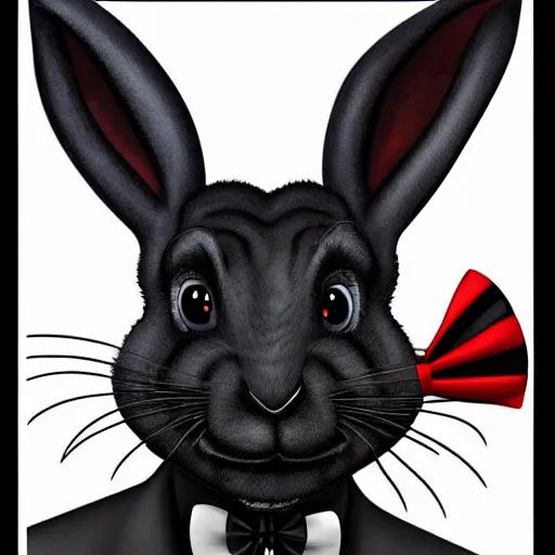 Image similar to A extremely highly detailed majestic hi-res beautiful, highly detailed head and shoulders portrait of a scary terrifying, horrifying, creepy black cartoon rabbit with a bowtie and scary big eyes, earing a shirt laughing, hey buddy, let's be friends, in the style of Walt Disney