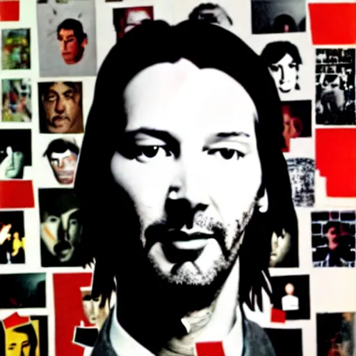 Prompt: portrait of keanu leaves, paper collage, mimmo rotella, kurt schwitters, richard hamilton, joe webb, chambliss giobbi, lynn skordal, derek gores, barbara kruger, jacques villegle.