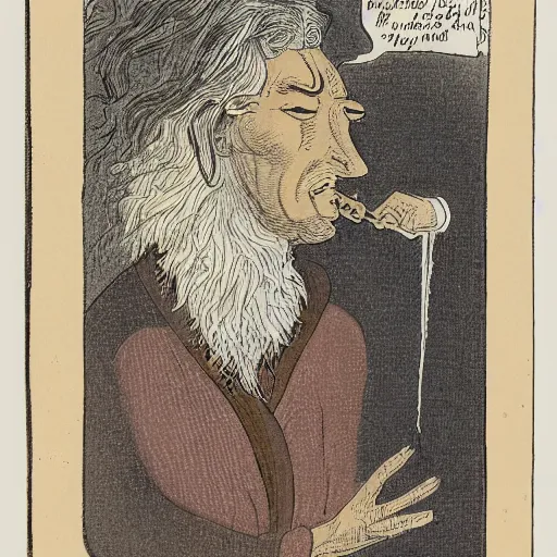 Image similar to highly detailed figure of a person with long white hair coming depicted as smoke coming out from smoking pipe, meditation, comic art, intricate, elegant.