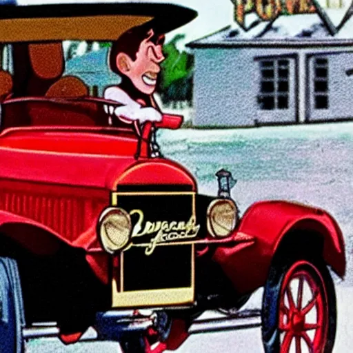 Prompt: closeup of Archie Andrews driving a red Ford Model T