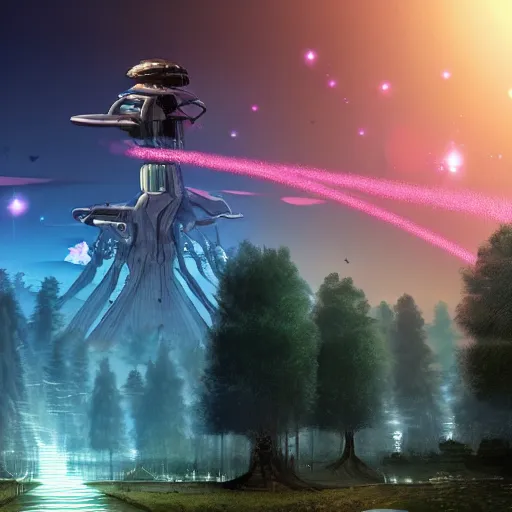 Prompt: concept art landscape futuristic forest city high tech sunset laser festival robot space ships