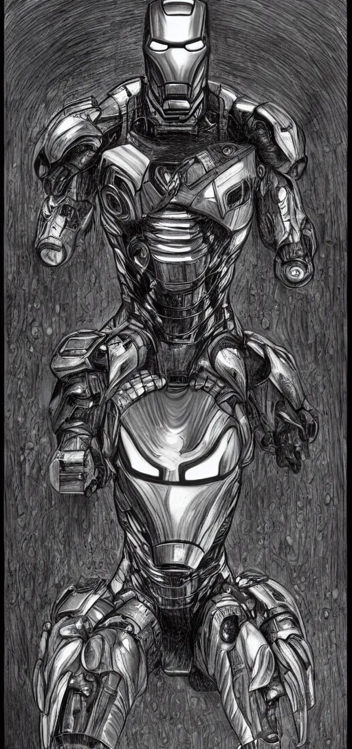 Prompt: iron man drawn in the style of hr giger, body horror, creepy, weird