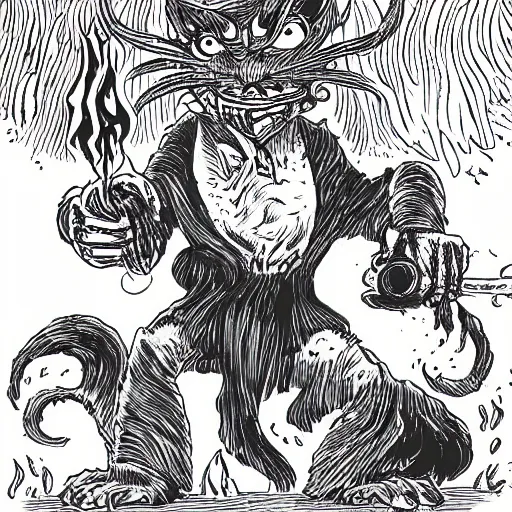 Image similar to down in the valley on a foggy little rock stood a pretty little demon blowing his top fire in his eyes and smoke from his head you gotta be real cool to hear the words he said he said mop mop muckity muck muck that cat was mad! by glen orbik and mort drucker