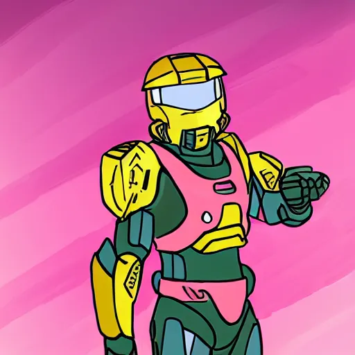 Image similar to cute master chief in pink armor holding a banana