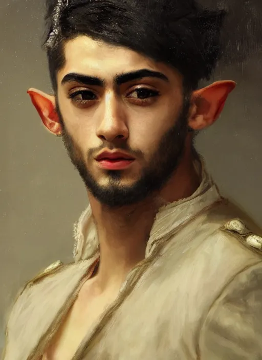 Image similar to head and shoulders portrait painting of young man who looks like zayn malik as an elf by jeremy mann, wearing leather napoleonic military style jacket, only one head single portrait, pointy ears