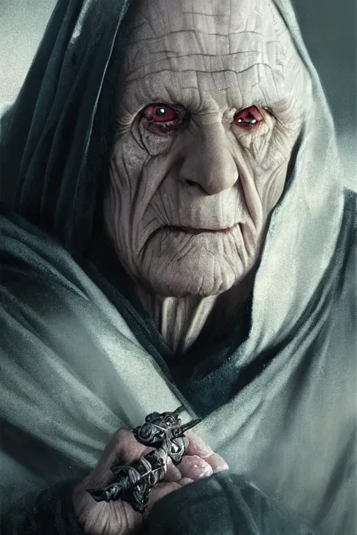 Image similar to emperor palpatine, sorcerer, lord of the rings, tattoo, decorated ornaments by carl spitzweg, ismail inceoglu, vdragan bibin, hans thoma, greg rutkowski, alexandros pyromallis, perfect face, fine details, realistic shaded