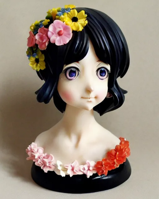 Prompt: 3 d anime figurine girl with baroque wig with flowers, flemish baroque, neoclassicism, flowers