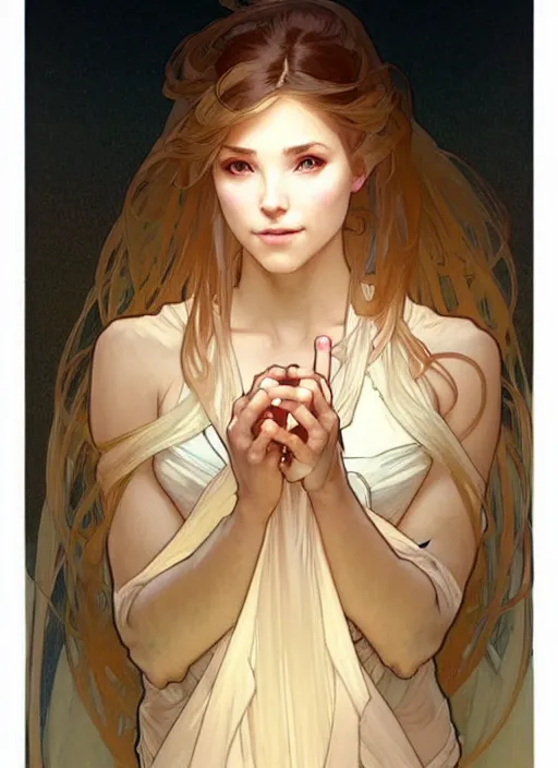 Image similar to a digital concept art by artgerm and greg rutkowski and alphonse mucha. clear portrait of a young wife blessed by god to uncontrollably become overwhelmingly perfect!! blonde, clothes, sit on heels!! light effect. hyper detailed, character concept, glowing lights!! intricate, elegant, digital painting, artstation, smooth, sharp focus