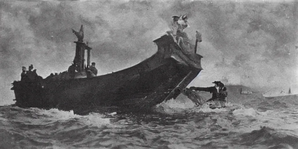 Image similar to a boat being grabbed by a giant underwater hand, 1 9 0 0 s photograph