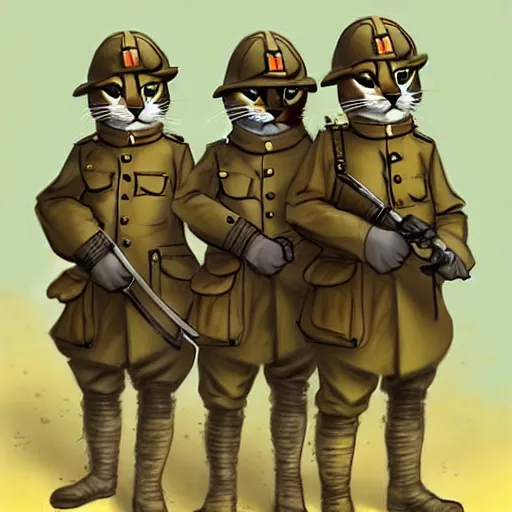 Image similar to soldier cats in British WWI gear waiting in the trenches for the next battle, 4k, concept art, artstation,