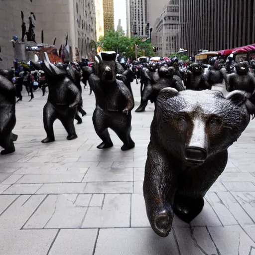 Prompt: Running of the bears, statue on wall street, Canon EOS
