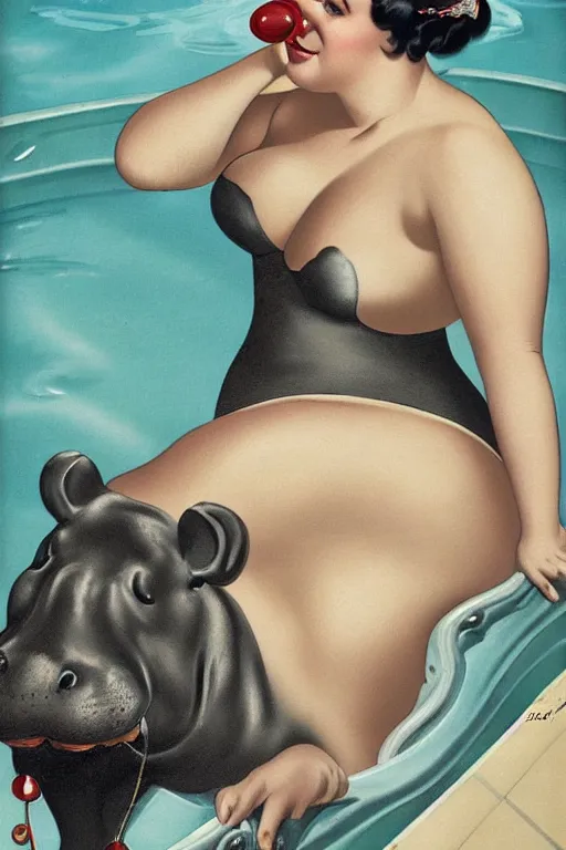 Prompt: a seductive hippo in a hot tub in the style of Gil Elvgren and Alberto Vargas