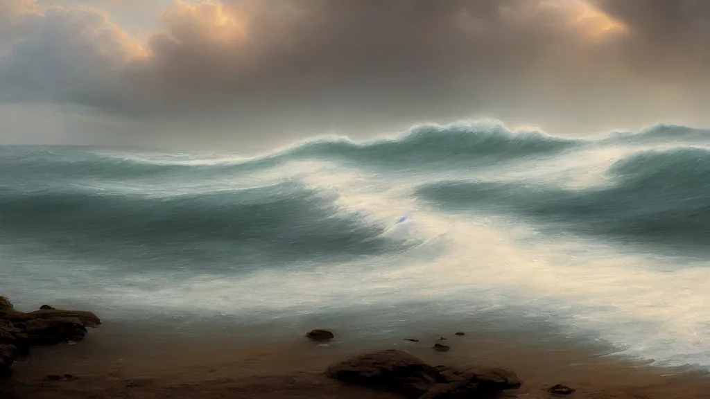Image similar to first person view of breaking waves on the shore, summer, delicate fog, sea breeze rises in the air, by andreas rocha and john howe, and Martin Johnson Heade, featured on artstation, featured on behance, golden ratio, ultrawide angle, f32, well composed
