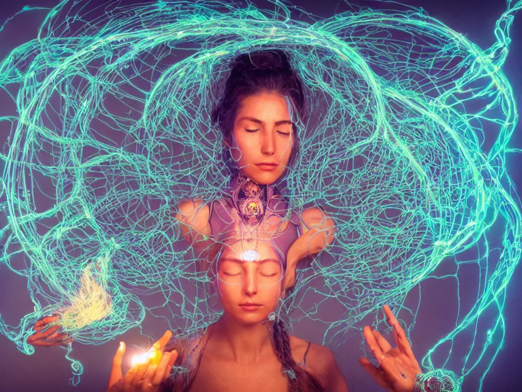 Prompt: an ancient mystical alluring female shaman meditating in a cybernetic robot temple generating flowing spiral energy and surrounded by wisps of incense smoke, face face face