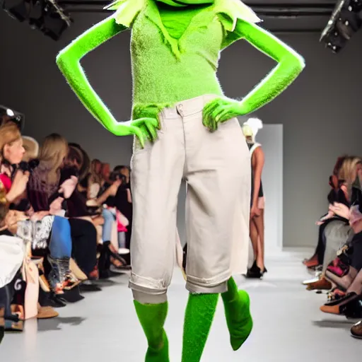 Image similar to Kermit the frog as a fashion week runway model 4k photo magazine journalism