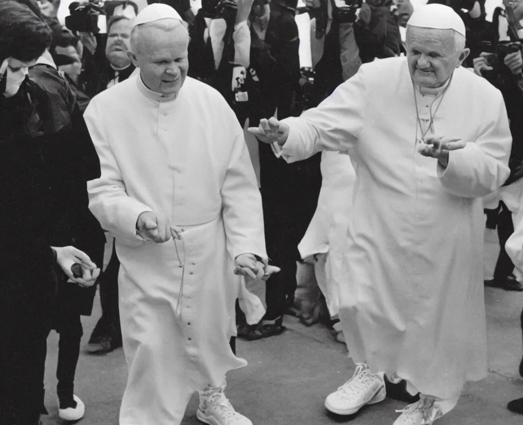 Image similar to press photograph of john paul ii wearing jordan 1 sneakers