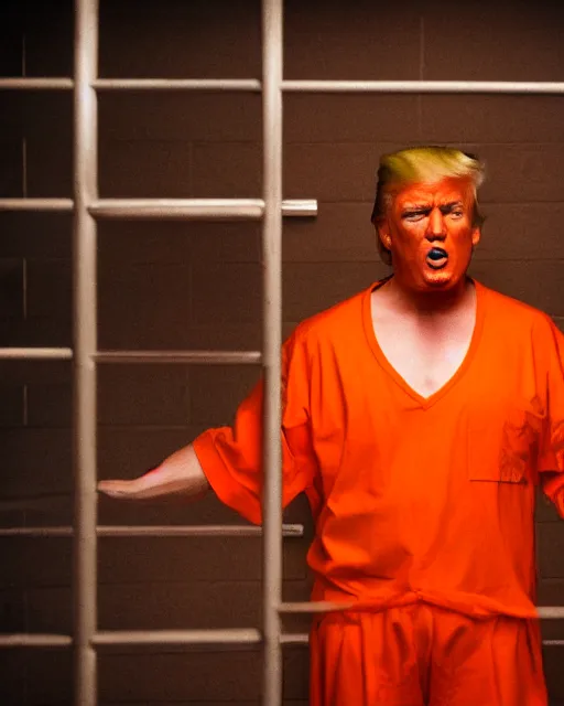 Prompt: closeup portrait of of angry donald trump wearing orange prison pajamas locked up in an prison jail cell, cinematic masterpiece, octane, dramatic lighting, 35mm, very detailed