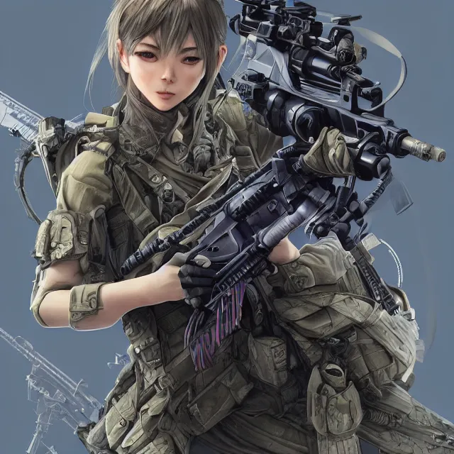 Image similar to the hyperrealistic portrait of lawful neutral female futuristic marine sniper as absurdly beautiful, gorgeous, elegant, young anime gravure idol, an ultrafine hyperdetailed illustration by kim jung gi, irakli nadar, intricate linework, bright colors, octopath traveler, final fantasy, unreal engine 5 highly rendered, global illumination, radiant light, detailed and intricate environment