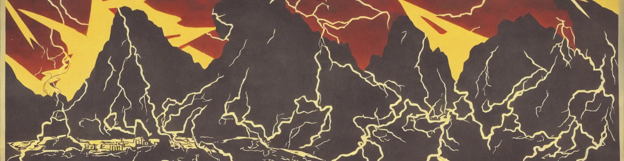 Prompt: balck montain with one lightning bolts in 1940s propaganda poster