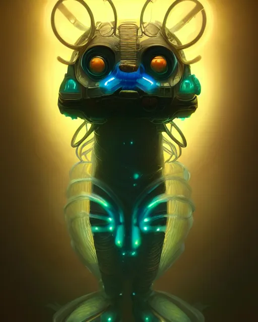 Image similar to one singular portrait of a cute bioluminescent creature, pulp scifi, highly detailed, digital painting, moody cinematic lighting, hyperrealism, dark retrowave, art by stanley lau and artgerm and magali villeneuve and alphonse mucha, artstation, octane render, cgsociety