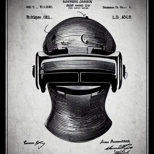 Prompt: a patent drawing of an intricate detailed vr headset from the future in the shape of a medieval knight helmet, extremely detailed alien technology vr!!! headset, with arrows and side angels