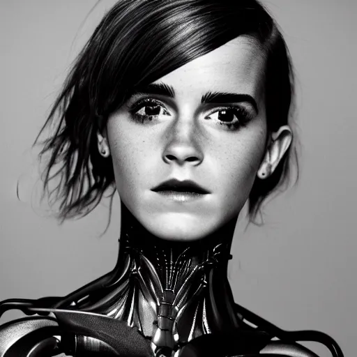 Prompt: beatifull closeup of face shoulders of biomechanical emma watson sculpture, fractal, intricate, elegant, highly detailed, ornate, elegant, luxury, beautifully lit, ray trace grinning vogue fashion shoot by peter lindbergh fashion poses detailed, tokyo neon lighting, blade runner, professional photograph by nick knight & show studio styling